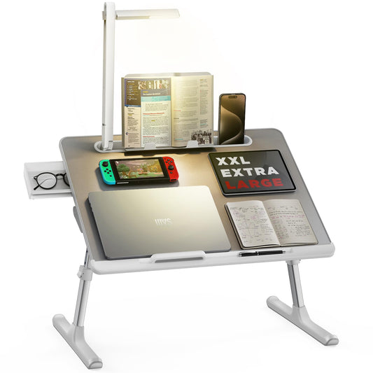 SAIJI Laptoptisch Betttisch mit LED Lampe – Verstellbar. Rechteckiger, höhenverstellbarer Tisch mit LED-Lampe für Arbeit und Lesen im Bett.
