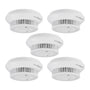 Homematic IP Smart Home Rauchwarnmelder 5er-Set – Q-Label. Fünf weiße, runde Melder zur kabellosen Branderkennung im Smart Home.