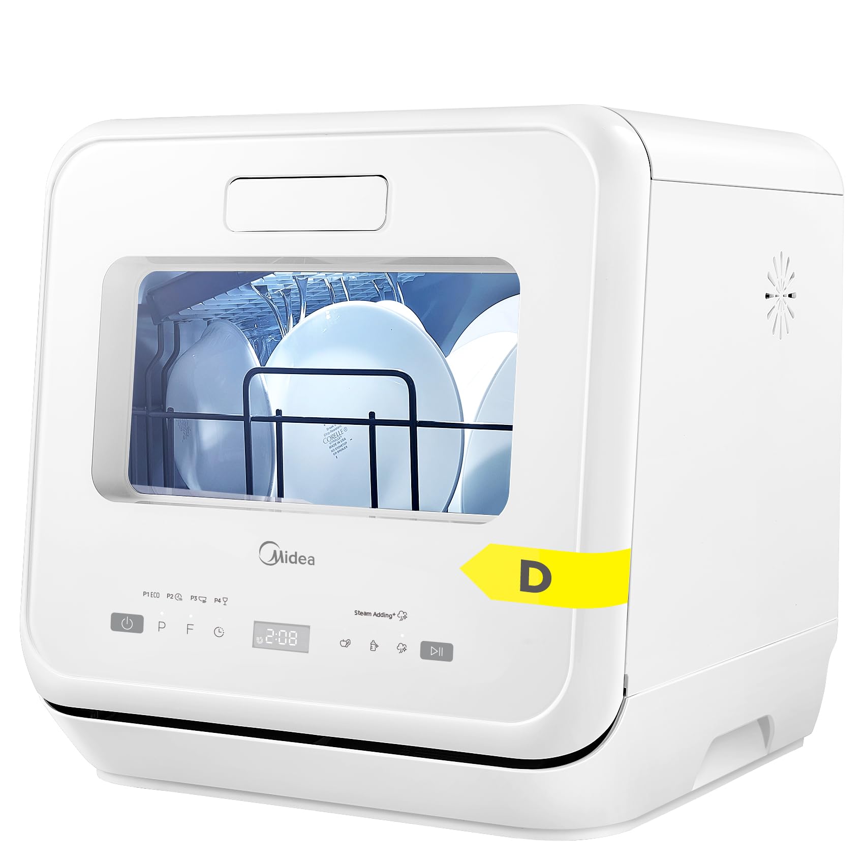 Midea MDWMT201DW Mini-Geschirrspüler freistehend mit Wassertank, kompakte Tischform, transparentes Sichtfenster