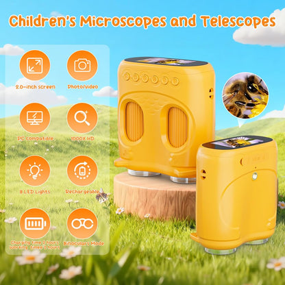 Temodu 2-in-1 Mikroskop und Fernglas für Kinder mit Display, Orange