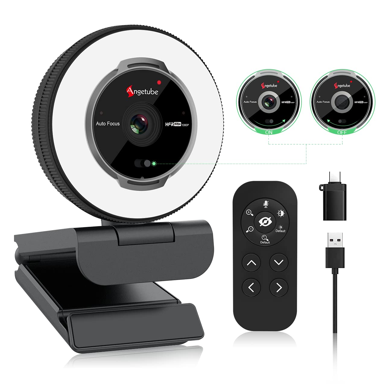 Angetube 60FPS 1080P Webcam mit Ringlicht - Full HD PC Kamera. Schwarze, kompakte Webcam mit Ringlicht für Videokonferenzen und Streaming.