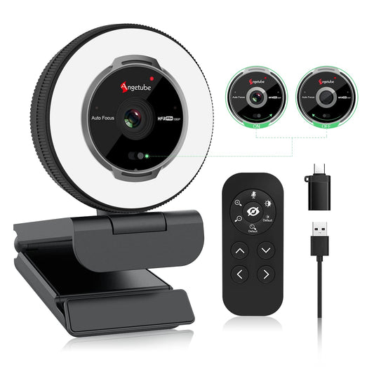 Angetube 60FPS 1080P Webcam mit Ringlicht - Full HD PC Kamera. Schwarze, kompakte Webcam mit Ringlicht für Videokonferenzen und Streaming.