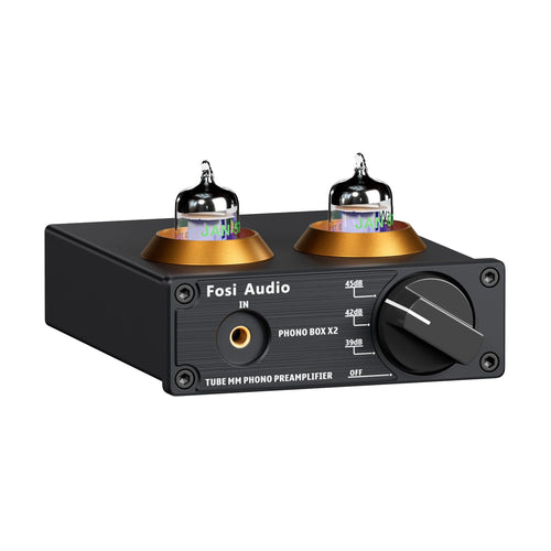 Fosi Audio BOX X2 Phono Röhrenvorverstärker für MM Plattenspieler. Schwarzes Gehäuse, zwei Röhren. Verstärkt MM-Phonosignale.