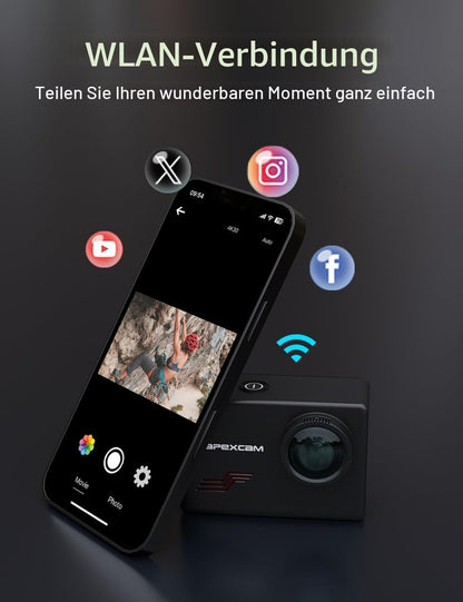 Apexcam M80 Action Cam 4K 60fps 48MP WLAN mit 64GB Karte und Zubehör
