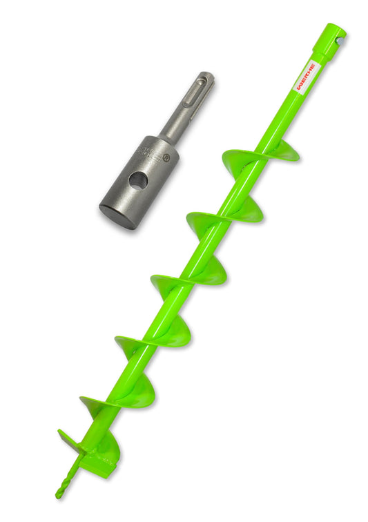 WERHE Erdbohrer Pfahlbohrer - 120mm SDS Plus Aufnahme. Lange, stahlfarbene Bohrschnecke zur Herstellung von Erdlöchern für Pfähle.