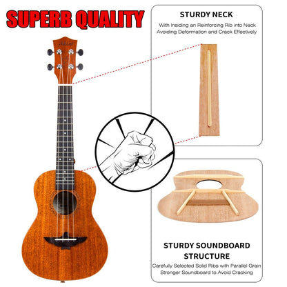 AKLOT AKC23 Konzert-Ukulele 23 Zoll Mahagoni Starter-Set