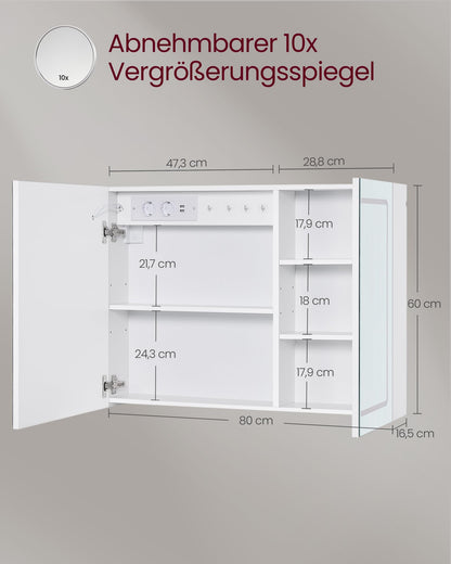 VASAGLE Kailyn Spiegelschrank mit LED-Beleuchtung, weiss, BBK134W01