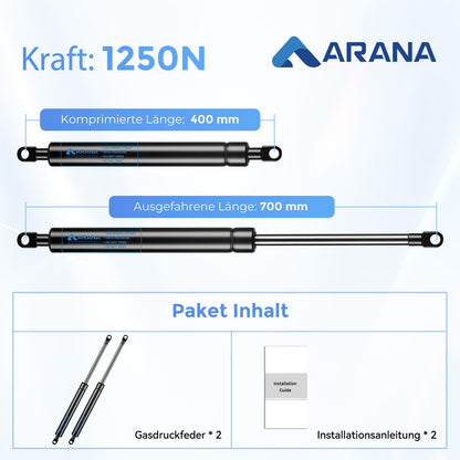 ARANA Gasdruckfeder 700mm 1250N (127kg) – 2 Stück