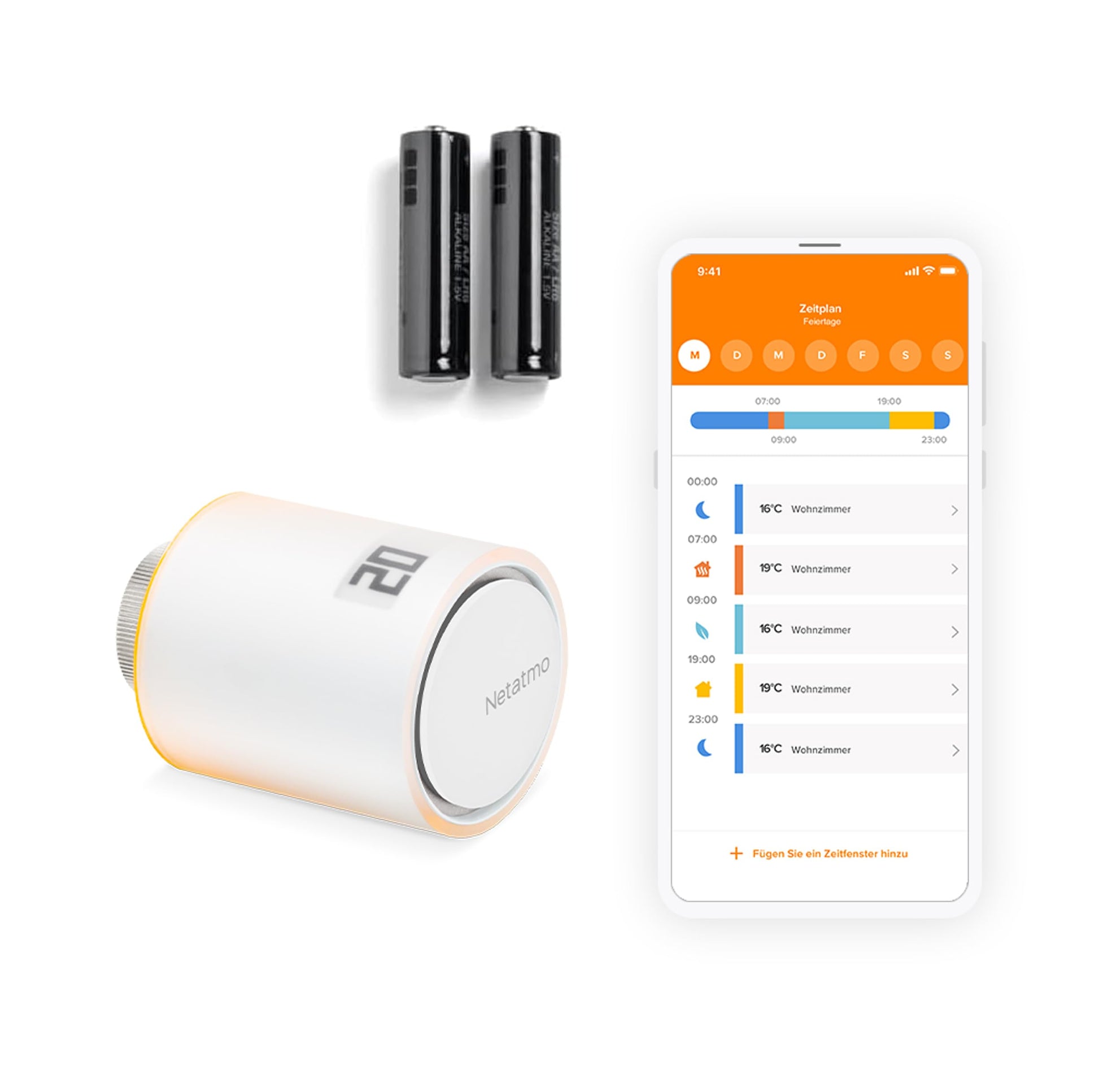 Netatmo Smartes Heizkörperthermostat WLAN Zusatzmodul - NAV-AMZ, weiß, zylindrisch, zur WLAN-gesteuerten Heizungsregelung.