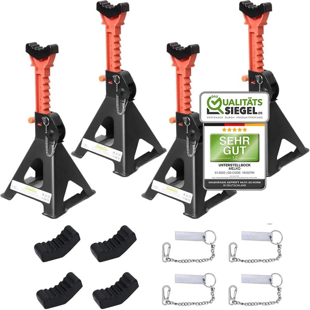 Melko Unterstellböcke 3 Tonnen – KFZ Stützböcke 4er Set höhenverstellbar. Böcke mit Dreifuß zur sicheren Fahrzeugabstützung.