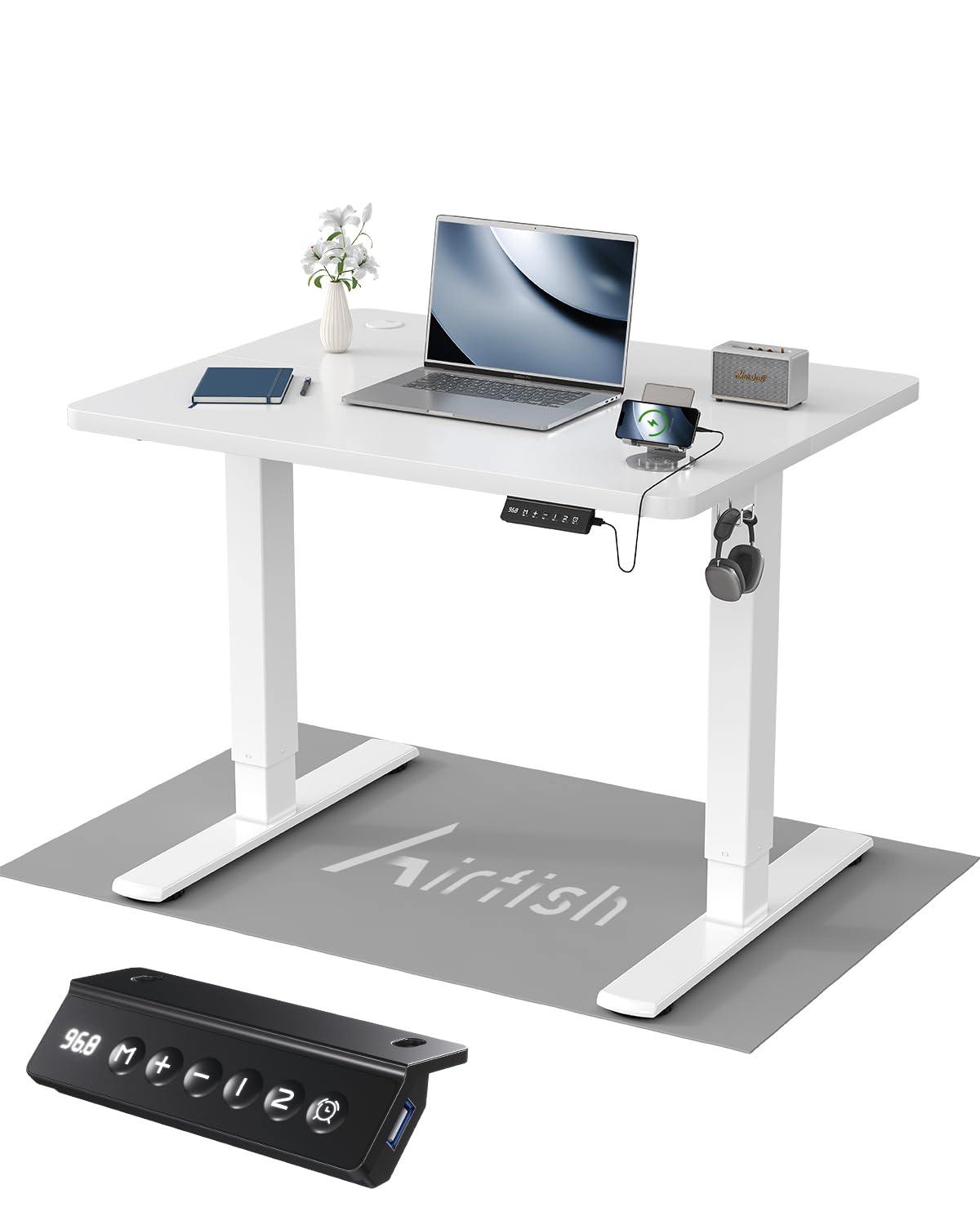Airfish Schreibtisch höhenverstellbar elektrisch 80x60 cm weiss – rechteckiger Steh-Sitz-Tisch mit Stahlbeinen