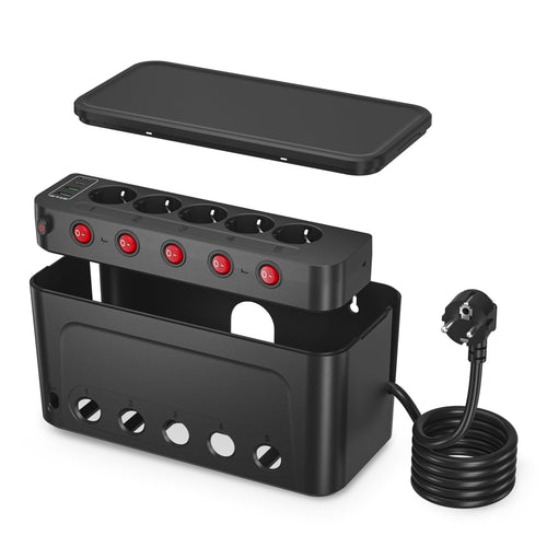HoniHom Kabelbox mit Steckdosenleiste 5-fach USB Überspannungsschutz, schwarz