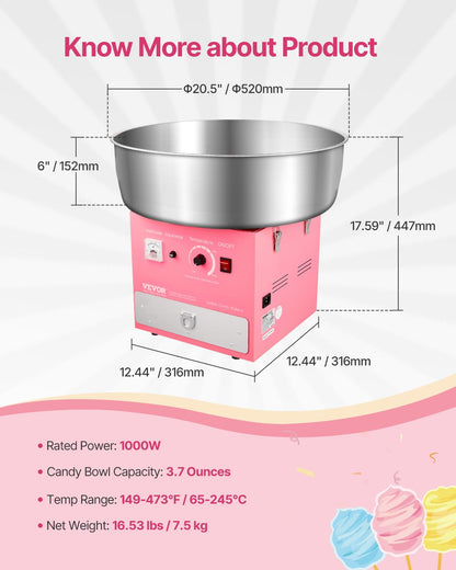 VEVOR Zuckerwattemaschine elektrisch 1000 W, Edelstahlschüssel, Rosa