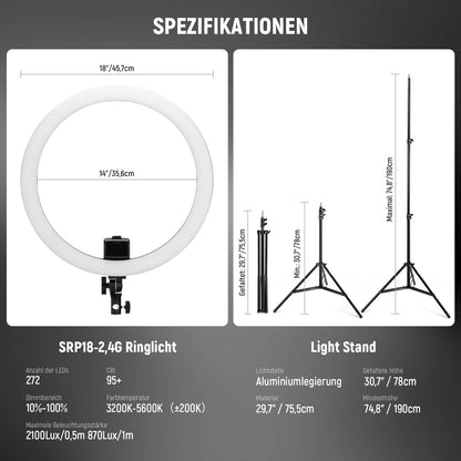 NEEWER Ringlicht SRP18-2,4G 18 Zoll LED, 2,4G Steuerung – Schwarz