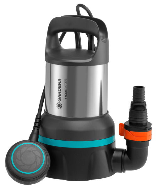 Gardena 11000 Klarwasser-Tauchpumpe – Flachabsaugung (09032-20), orange-grau. Fördert Klarwasser bis 1 mm Restwasserstand.