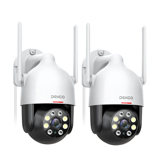 DEKCO 2K WLAN Überwachungskamera Aussen Schwenkbar – 2er Pack. Weiße Kameras für flexible Außenüberwachung.