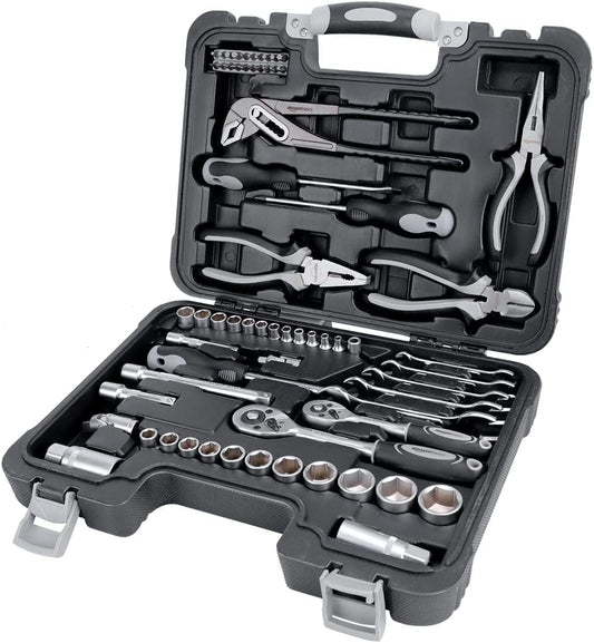 Amazon Basics Haus-Werkzeug-Set - 65 Teile Schwarz/Grau. Ein schwarzer/grauer Koffer für Hausreparaturen und Montagen.