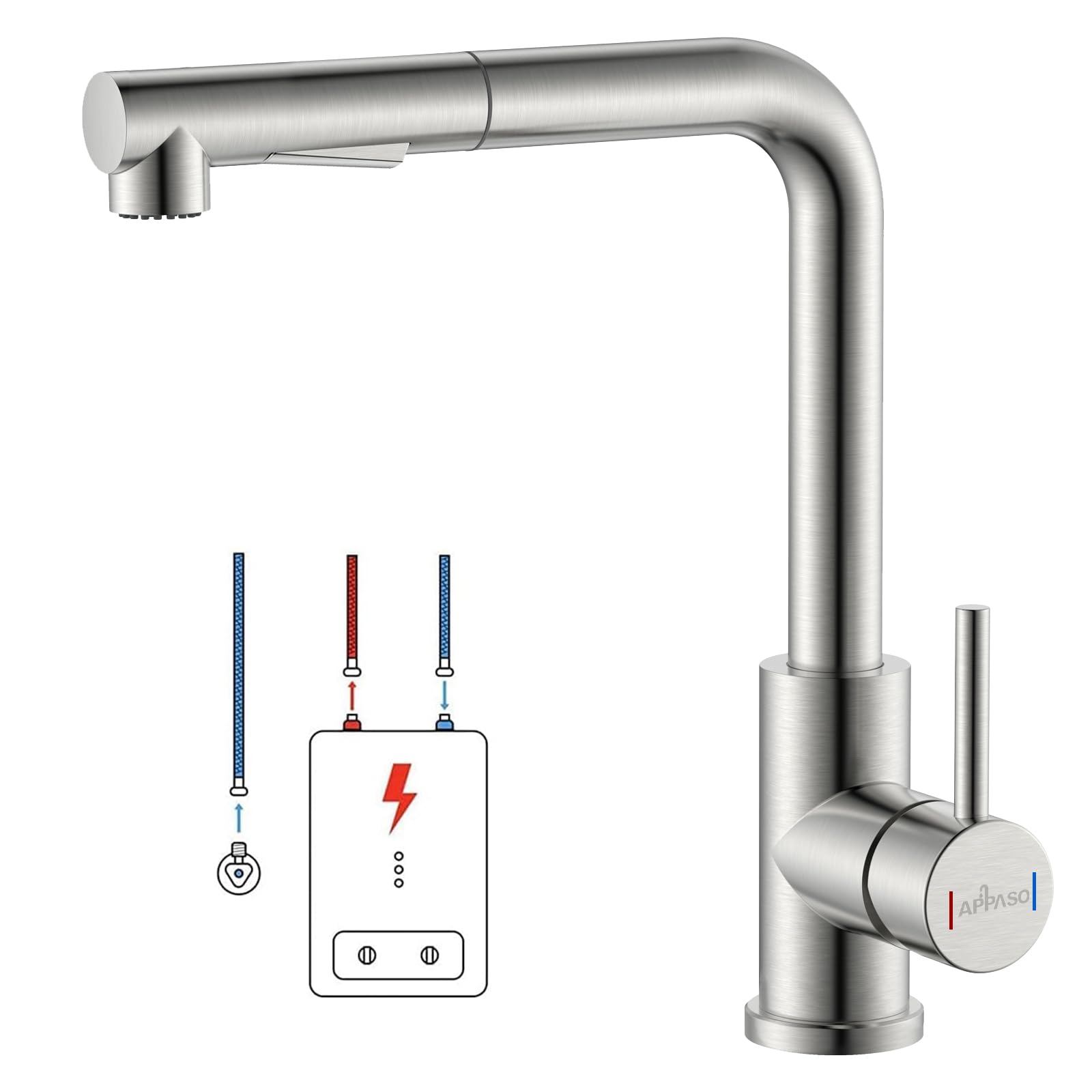 APPASO Niederdruck Ausziehbare Küchenarmatur - 2 Strahlarten. Silberfarben, mit ausziehbarer Brause. Liefert Wasser mit 2 Strahlarten für Niederdruck.