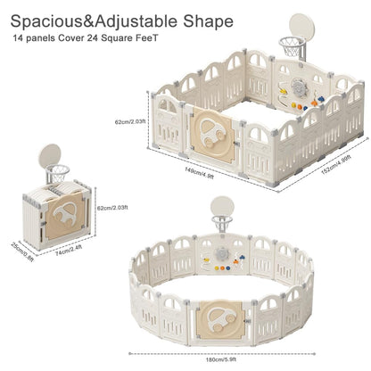 UBRAVOO Baby-Laufstall faltbar – 14 Felder, Weiss, mit Basketballkorb