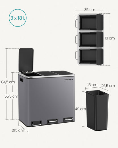 SONGMICS Mülltrennsystem LTB054G01 - Treteimer 3 Fächer grau