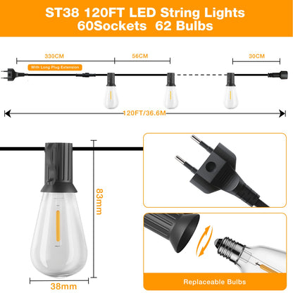 GLUROO LED Glühbirnen Lichterkette Aussen 36.6M – ST38 Warmweiss
