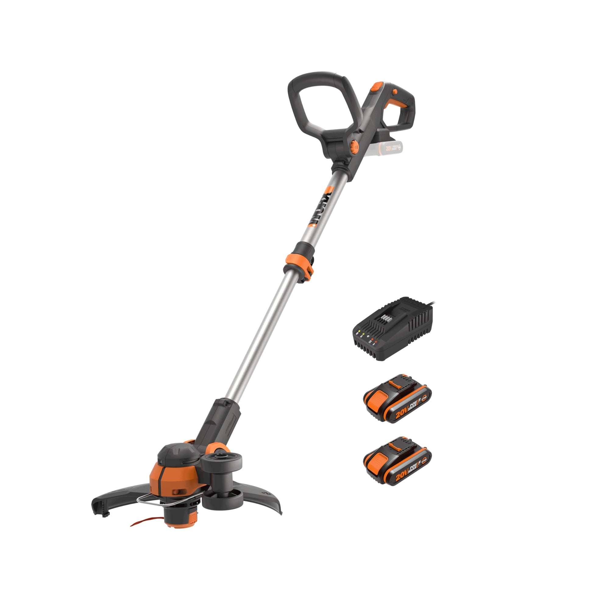 WORX WG163E.3 Akku Rasentrimmer. Orange-schwarzes Gerät mit langem Stiel und Fadenkopf zum präzisen Trimmen von Rasenkanten.
