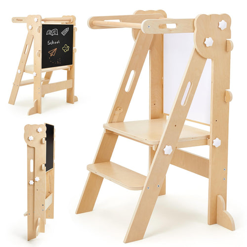 labebe Klappbarer Montessori Lernturm mit Tafel – Holz, 3-in-1