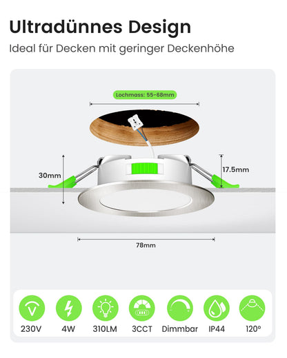 ALUSSO LED Einbaustrahler dimmbar, 3 Farbtemperaturen, IP44, 12er Set