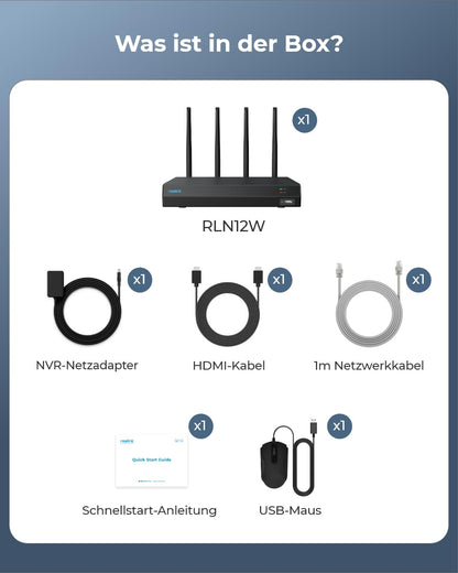 Reolink RLN12W 4K 12-Kanal WLAN NVR mit Wi-Fi 6, 2TB HDD – Schwarz