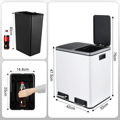 LIFERUN Doppelfach Treteimer 2x15L Metall Softclose Weiss