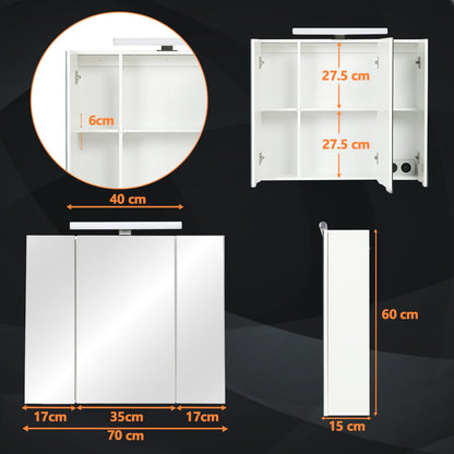 DICTAC Spiegelschrank Bad – LED Steckdose 3 Türen Weiss 70x60cm