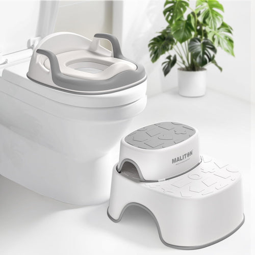 Maliton Kindertoilettensitz mit 2-stufigem Tritthocker, weiss-grau, Spritzschutz und Griffe