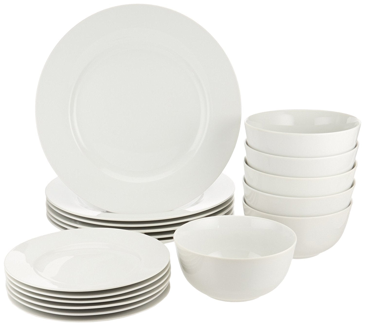 Amazon Basics Geschirrservice 18-teilig für 6 Personen, Weiss aus Porzellan mit Esstellern, Desserttellern und Schüsseln