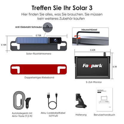 Foxpark Solar 3 kabellose Rückfahrkamera Set mit 5" Monitor, 1080P
