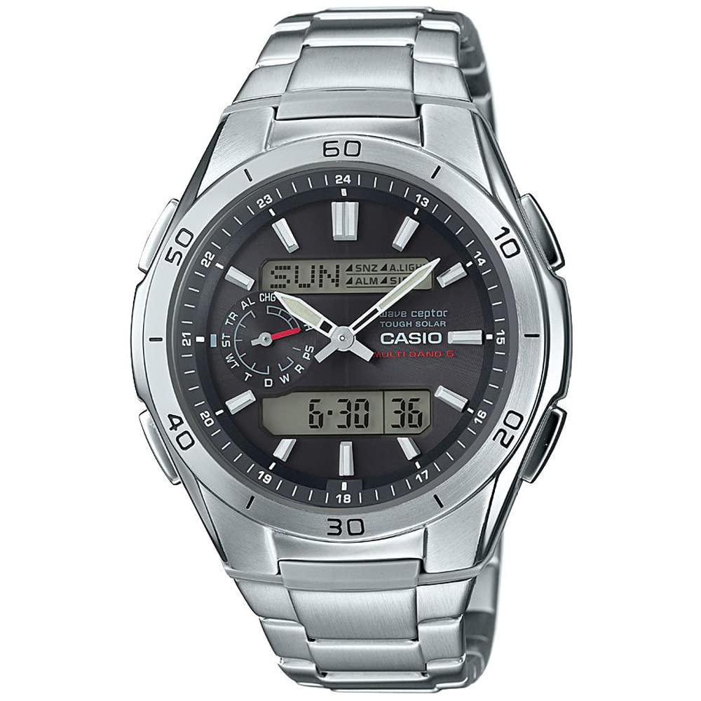 Casio WVA-M650D-1AER Funk Solar Uhr - Edelstahl. Runde, silberfarbene Armbanduhr. Empfängt Funksignale zur präzisen Zeitanzeige und wird durch Solarenergie betrieben.

