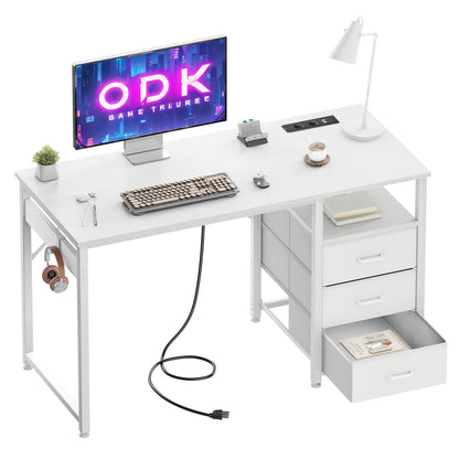 ODK Schreibtisch 120x48cm mit 3 Schubladen, Steckdosen, USB – Weiss. Rechteckiger Arbeitstisch zur Organisation und Stromversorgung.