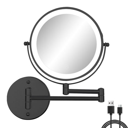 FFowcye Kosmetikspiegel Wandmontage, beleuchtet, 1x/10x, schwarz, doppelseitig mit Auszieharm aus Metall
