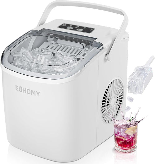 EUHOMY Eiswürfelmaschine, 9 Eiswürfel in 6 Minuten, 12 kg/Tag, weiss mit Tragegriff und transparentem Sichtfenster