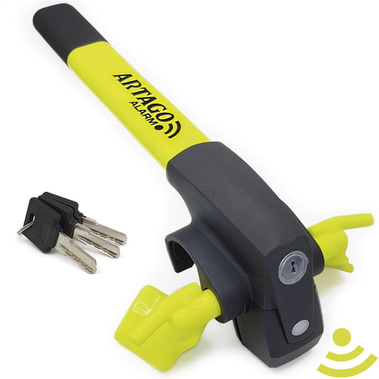 ARTAGO 870 Lenkradkralle mit Alarm 120dB, gelb-schwarz. Blockiert das Lenkrad als effektive Diebstahlsicherung.