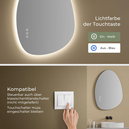 S'AFIELINA Asymmetrischer LED Badspiegel 75x55cm – Dimmbar, Beschlagfrei