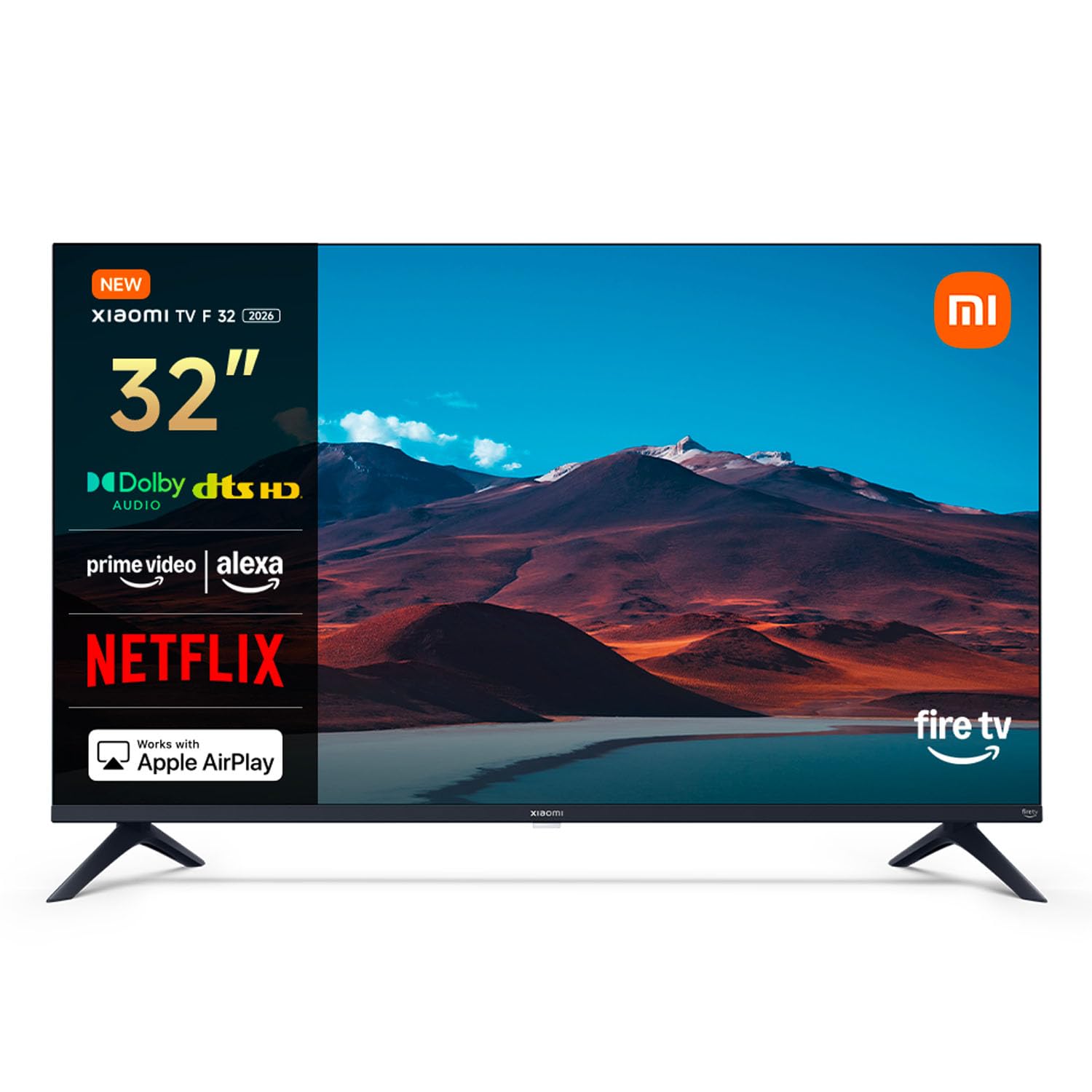 Xiaomi F Smart TV 32 Zoll HD (81 cm) – Fire TV. Schwarzer, rechteckiger Flachbildschirm. Zeigt Inhalte mit Fire TV OS.