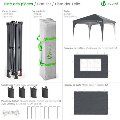 VOUNOT Pavillon 3x3m Pop Up Faltpavillon – Grau, mit Seitenteilen