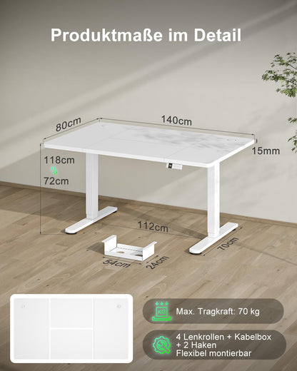 Devoko Elektrischer Stehschreibtisch 140x80cm - Weiss mit USB-C