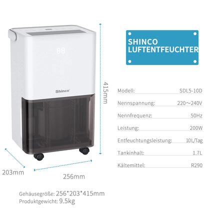 Shinco Luftentfeuchter Elektrisch 10L mit Feuchtigkeitssensor