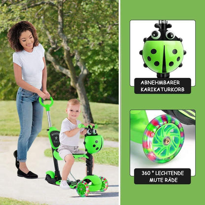 YOLEO 5-in-1 Kinderroller mit Sitz, Schubstange und Korb, grün