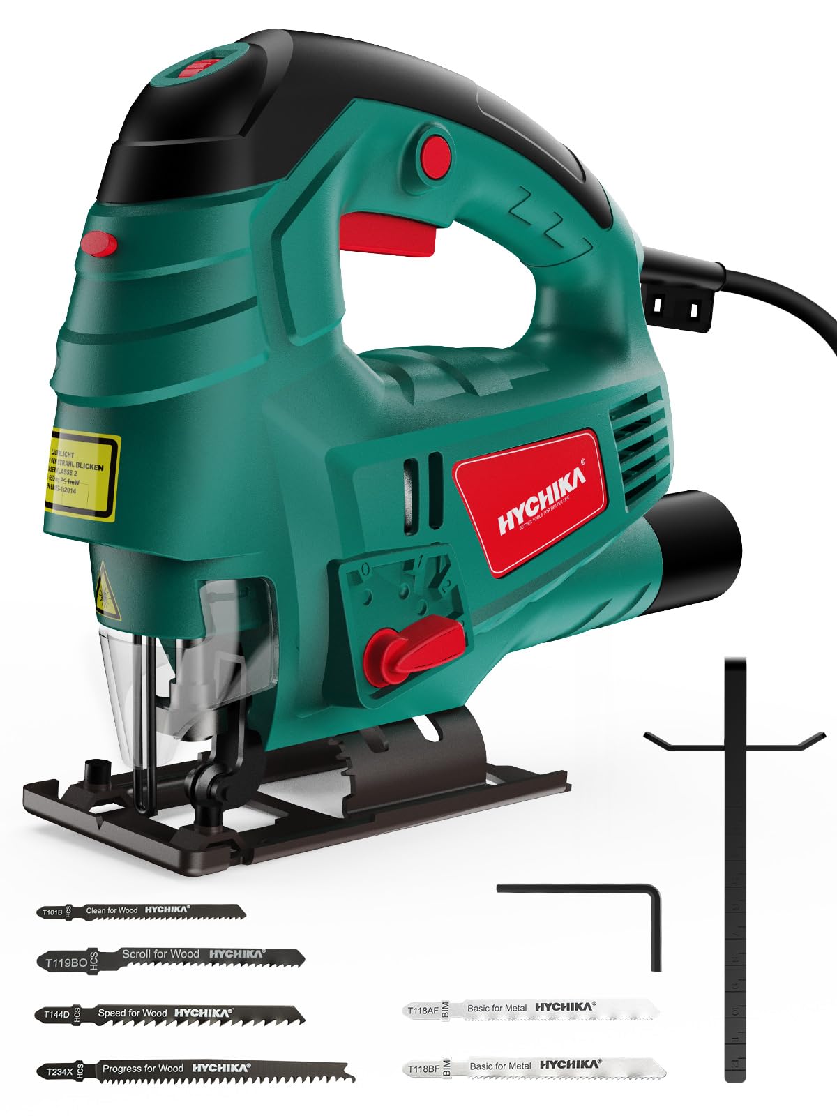 HYCHIKA Stichsäge 800W mit Laserführung und 6 Sägeblättern zum Sägen von Holz und Metall