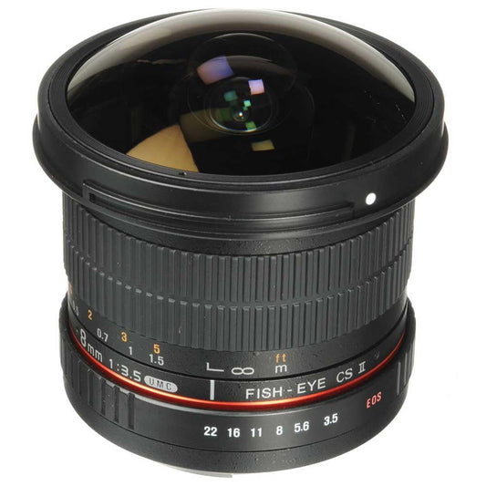 Samyang 8mm F3.5 CS II Fisheye Objektiv für Sony E-Mount. Schwarzes Fisheye-Objektiv für extreme Weitwinkel-Aufnahmen mit Sony E-Mount Kameras.