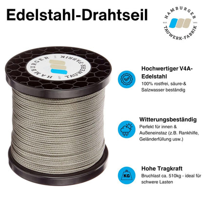 Edelstahl Drahtseil 7x7 V4A Inox Geländerseil rostfrei - 3mm 90m