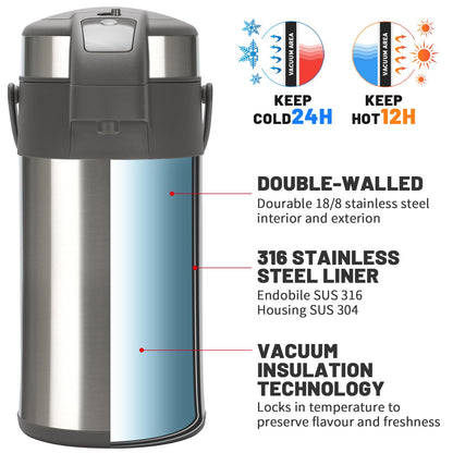 Olerd Pump-Thermoskanne Kaffeespender 4,0L - Silber Edelstahl