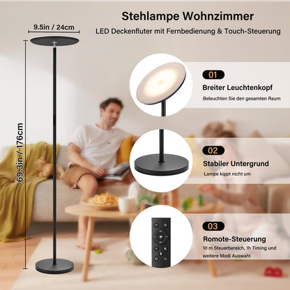 PreeOtti LED Deckenfluter Wohnzimmer Dimmbar mit Fernbedienung - Schwarz